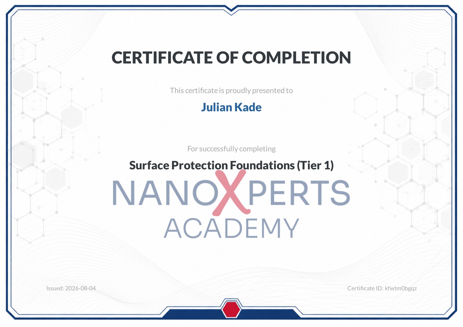 NanoXperts Academy certificate of completion, Surface Protection Foundations Tier 1
